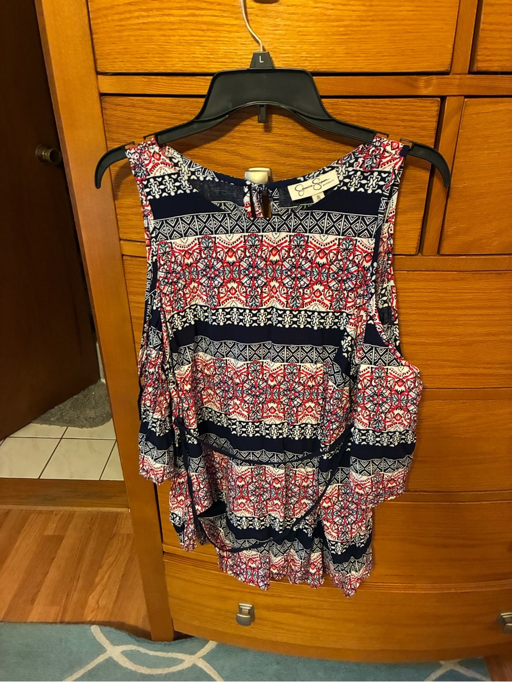 Maternity Cold-Shoulder Blouse in Navy, Red & White